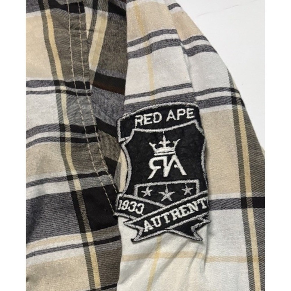 Red Ape Mens Tan Black Plaid Button Down Shirt Lion Crest Patch Size Large - Picture 6 of 16